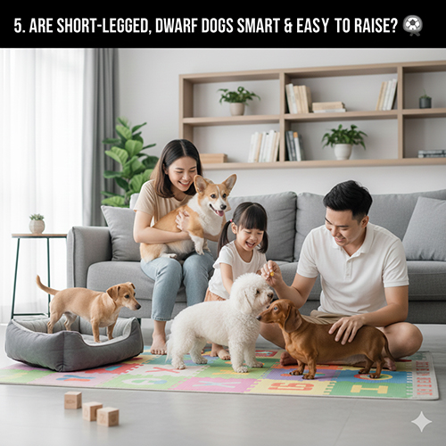 Gia đình chơi với các bé chó chân ngắn trong phòng khách – minh họa chủ đề chó chân ngắn có thông minh và dễ nuôi không