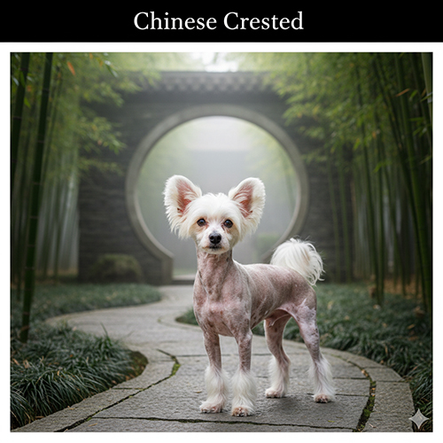 Chó Chinese Crested không lông đứng trên lối đi lát đá trong khu vườn tre mang phong cách Trung Hoa cổ điển