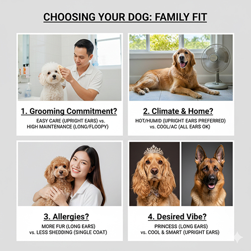 Hình ảnh minh họa cách chọn chó theo kiểu tai: tai dài, tai cụp, tai to hoặc tai dựng dựa trên lối sống gia đình