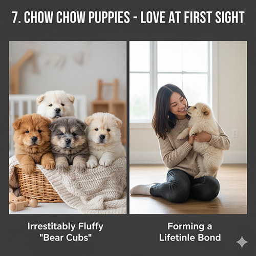 Chó Chow Chow con nhiều màu lông trong giỏ và một bé Chow Chow con được chủ bế, thể hiện sự đáng yêu và gắn kết