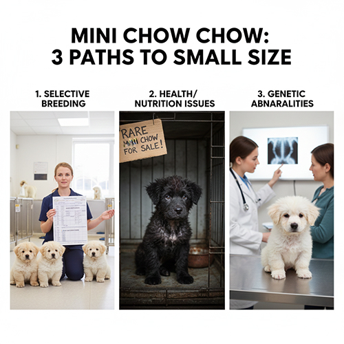 Minh họa ba con đường hình thành chó Chow Chow mini gồm chọn lọc dòng nhỏ con, ảnh hưởng dinh dưỡng bệnh lý và bất thường di truyền