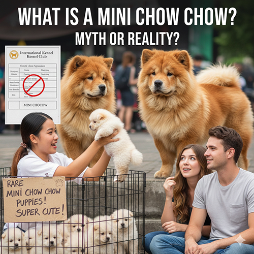 Chó Chow Chow mini được quảng cáo tại chợ thú cưng, so sánh chó con và Chow Chow trưởng thành để minh họa mini là nhãn marketing hay thực tế