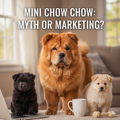 Chó Chow Chow mini đứng cạnh Chow Chow trưởng thành, minh họa khái niệm chow chow mini có thật hay chỉ là chiêu marketing