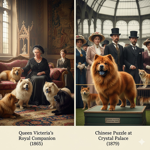 Hai cảnh: Nữ hoàng Victoria cùng các chú Chow Chow trong cung điện Windsor và chó Chinese Puzzle được trưng bày tại triển lãm Crystal Palace năm 1879