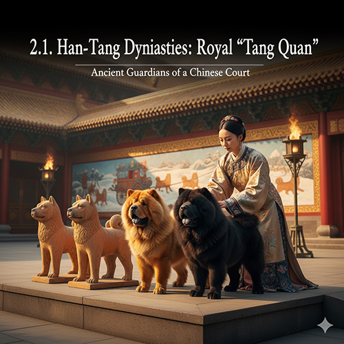 Cảnh cung đình Trung Quốc cổ với hai chú Chow Chow lông đỏ và đen đứng cạnh tượng chó đất nung cùng một cung nữ