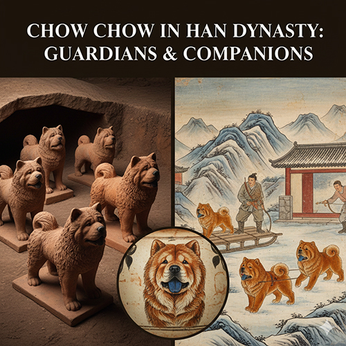 Tượng chó đất nung thời Hán và tranh cổ mô tả Chow Chow kéo xe, canh gác và đồng hành cùng con người