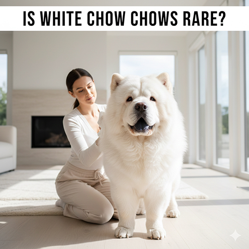 Chó Chow Chow trắng đứng trong nhà, lông dày xù, màu trắng sáng tự nhiên