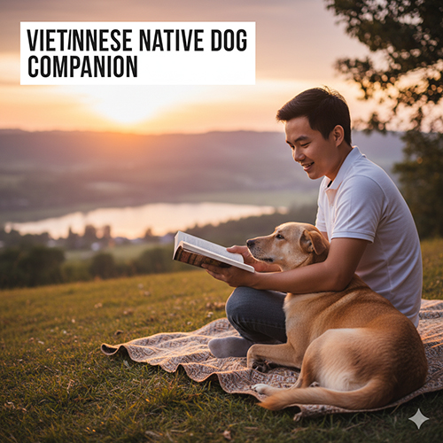 Hình ảnh chó cỏ Việt Nam nằm tựa đầu vào chủ đang đọc sách trên thảm giữa đồi cỏ, hoàng hôn phía xa tạo khung cảnh ấm áp và bình yên.