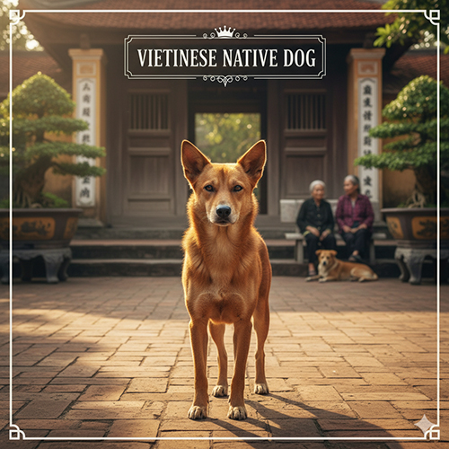 Hình ảnh chó cỏ (chó ta) đẹp đứng trước sân nhà Việt Nam truyền thống, ánh nắng vàng nhẹ, thể hiện vẻ trung thành và gần gũi.