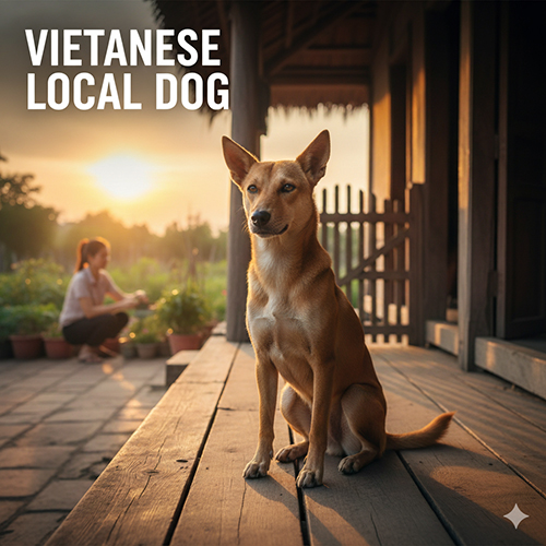 Chó cỏ Việt Nam ngồi trước hiên nhà truyền thống, ánh nắng chiều ấm, phía sau có người phụ nữ đang chăm vườn