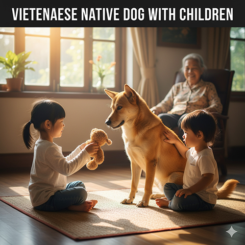 Hình ảnh chó cỏ Việt Nam chơi cùng hai em nhỏ trong phòng sáng, một bé đưa gấu bông, bé kia vuốt lưng chó, phía sau là bà ngồi mỉm cười.