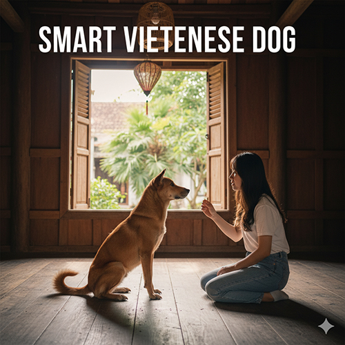 Cô gái trẻ đang huấn luyện một chú chó cỏ Việt Nam thông minh trong ngôi nhà gỗ truyền thống, ánh sáng tự nhiên ấm áp.
