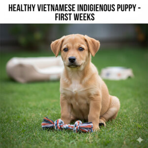Chó cỏ con Việt Nam khỏe mạnh trong những tuần đầu đời, dáng ngồi vững, mắt sáng, lông mượt