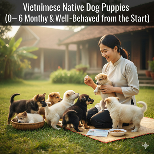 Người phụ nữ Việt Nam chơi và huấn luyện bầy chó cỏ con trong sân nhà truyền thống, thể hiện sức khỏe và sự ngoan ngoãn của chó con bản địa.