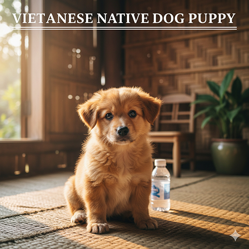 Hình ảnh chó cỏ con (puppy) ngồi trên chiếu cói trong ngôi nhà tre Việt Nam, ánh sáng buổi sáng chiếu nhẹ, cạnh chai nước nhỏ để so sánh kích thước.