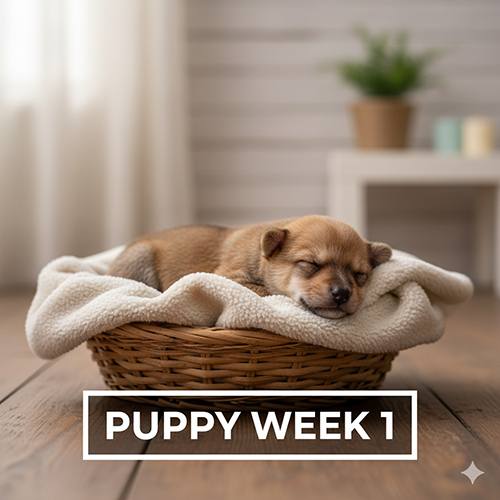 Hình ảnh chó cỏ con tuần 1 đang ngủ trong giỏ mây lót chăn trắng, ánh sáng tự nhiên buổi sáng chiếu nhẹ, không gian ấm áp và yên tĩnh.