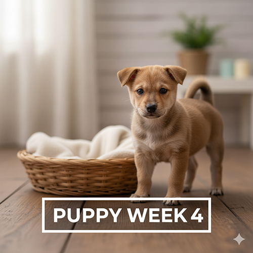 Hình ảnh chó cỏ con tuần 4 đứng bên giỏ mây, chăn trắng phía sau, ánh sáng tự nhiên chiếu đều, thể hiện sự phát triển khỏe mạnh và dáng đứng vững.