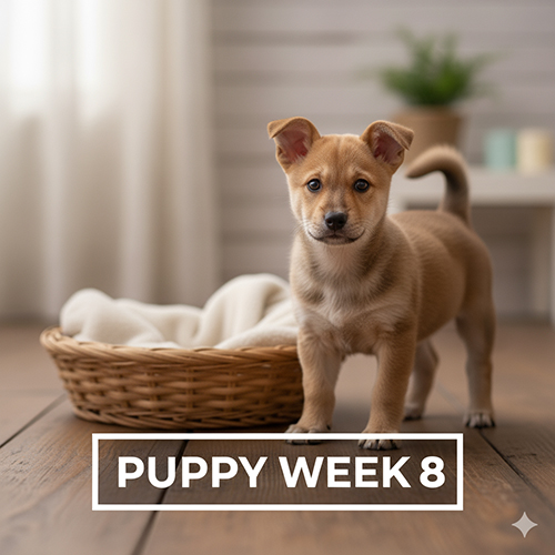 Hình ảnh chó cỏ con tuần 8 đứng cạnh giỏ mây, dáng khỏe mạnh và ánh mắt sáng, lông mượt, ánh sáng tự nhiên tạo khung ấm áp.