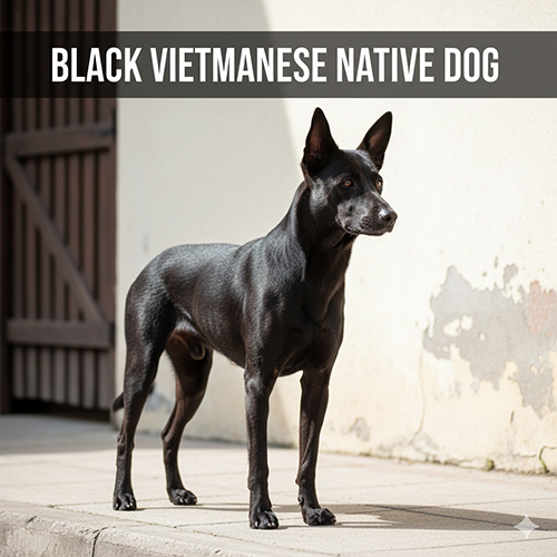 Hình ảnh chó cỏ màu đen đứng trên nền xi măng sáng, ánh sáng ban ngày giúp làm nổi bật chi tiết bộ lông bóng khỏe và dáng tai dựng tự tin.