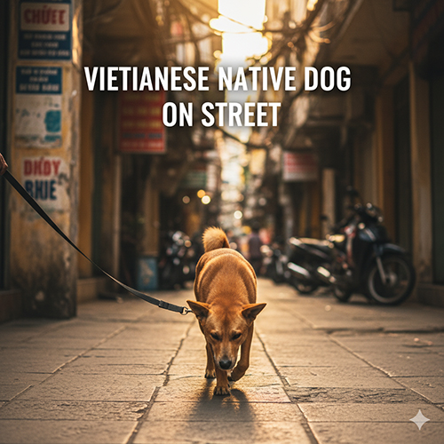 Hình ảnh chó cỏ Việt Nam đang đi dạo trên con phố nhỏ, dây dắt an toàn, ánh sáng hoàng hôn chiếu qua dãy nhà cũ, dáng đang cúi đầu đánh hơi.