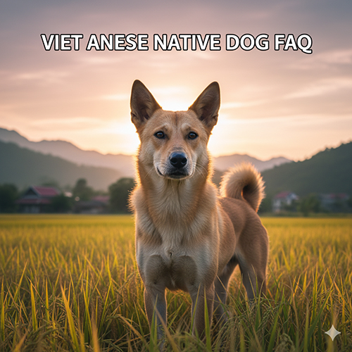 Hình ảnh chó cỏ Việt Nam đứng giữa cánh đồng lúa vàng buổi hoàng hôn, ánh sáng xiên nhẹ làm nổi bật màu lông và ánh mắt sáng.