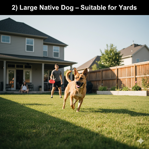 Chó cỏ giống to chạy chơi trên sân cỏ cùng chủ, thể hiện sự năng động và phù hợp với gia đình có không gian rộng.