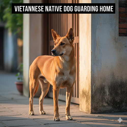 Hình ảnh chó cỏ Việt Nam đứng trước cổng nhà, dáng thẳng, tai dựng, ánh mắt cảnh giác nhưng bình tĩnh, ánh sáng buổi sáng chiếu nhẹ.