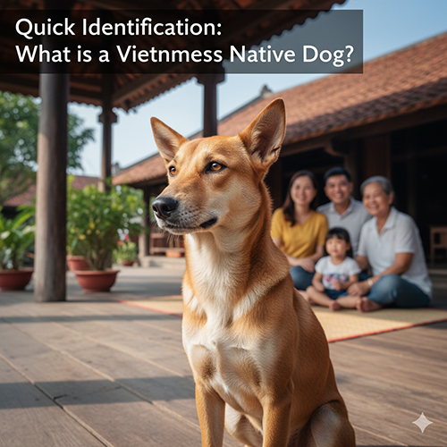 Chó cỏ Việt Nam ngồi cảnh giác trước nhà cổ, phía sau là gia đình Việt đang mỉm cười – hình ảnh đặc trưng của giống chó bản địa thân thiện và trung thành.