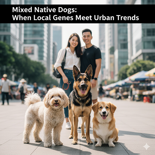 Ba chú chó lai giữa chó cỏ Việt Nam và các giống ngoại như Poodle, Corgi, Becgie đứng cùng đôi bạn trẻ trên phố hiện đại – biểu trưng cho xu hướng lai tạo đô thị.