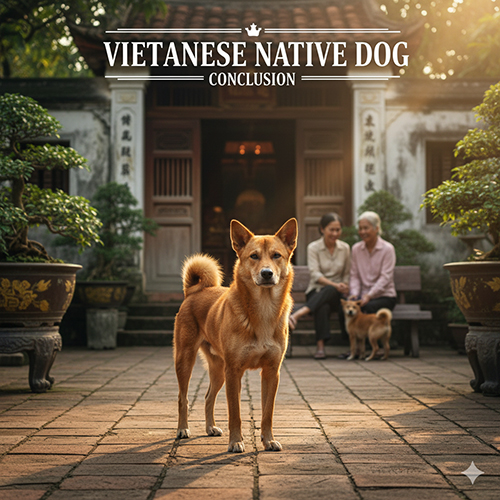 Hình ảnh chó cỏ Việt Nam đứng giữa sân gạch cổ, phía sau là cặp vợ chồng lớn tuổi ngồi trò chuyện, khung cảnh bình dị và ấm áp.