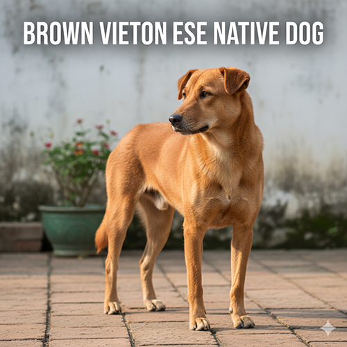 Hình ảnh chó cỏ màu nâu đỏ đứng trên sân gạch, phông nền là tường vôi và chậu hoa nhỏ, ánh sáng buổi sáng nhẹ, dáng nghiêng 45° tự nhiên.