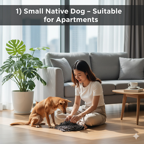 Cô gái trẻ chơi với chú chó cỏ nhỏ trong căn hộ sáng sủa, thể hiện sự thân thiện và phù hợp của giống chó bản địa với không gian sống hiện đại.