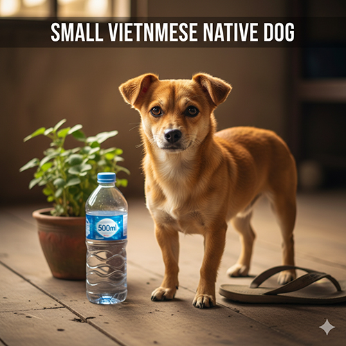 Hình ảnh chó cỏ nhỏ đứng cạnh chai nước 500ml và đôi dép trong nhà gỗ, ánh sáng tự nhiên buổi sáng giúp thể hiện rõ kích thước nhỏ gọn.