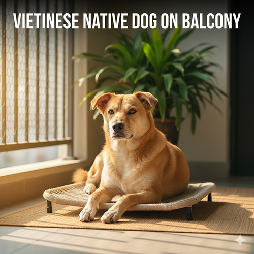 Hình ảnh chó cỏ Việt Nam nằm thư giãn trên giường nhỏ ở ban công, ánh nắng sớm chiếu bên hông, phía sau là chậu cây xanh và lưới an toàn.