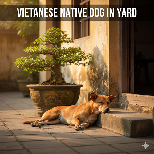 Hình ảnh chó cỏ nằm dài cạnh chậu kiểng bonsai trên sân gạch, gối đầu lên bậc thềm, ánh sáng xiên buổi chiều tạo cảm giác an yên và ấm áp.