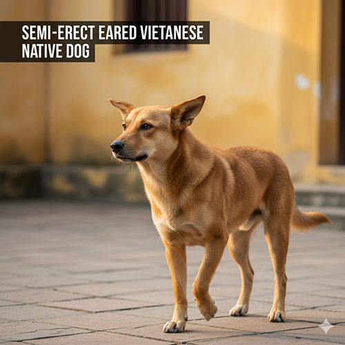 Hình ảnh chó cỏ tai bán dựng đang bước nhẹ trên sân gạch, dáng tập trung nghe tiếng động, ánh sáng buổi sáng chiếu xiên tạo cảm giác sinh động.