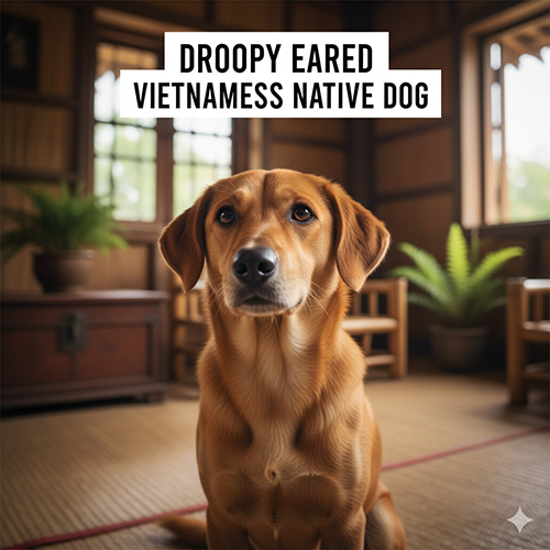 Hình ảnh chó cỏ tai cụp ngồi trong ngôi nhà gỗ Việt Nam, ánh sáng tự nhiên chiếu qua cửa sổ, dáng ngồi thẳng và ánh mắt dịu hiền hướng về chủ.