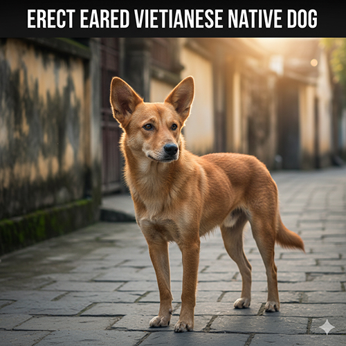 Hình ảnh chó cỏ tai dựng đứng trên con ngõ lát gạch, dáng cảnh giác, tai hướng về phía trước, ánh sáng buổi sáng tạo viền sáng quanh thân.