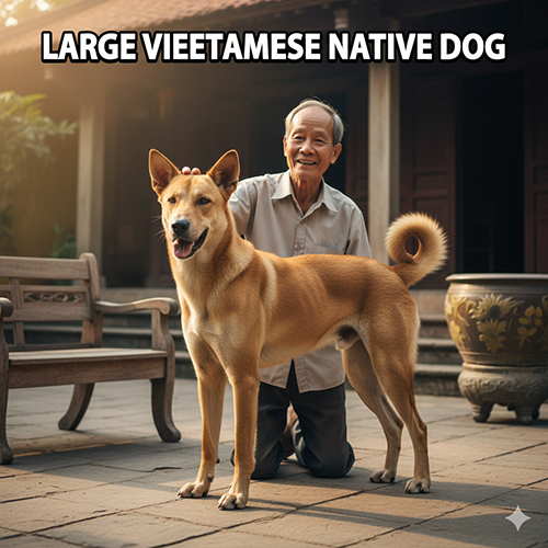 Hình ảnh chó cỏ to đứng cạnh người đàn ông lớn tuổi trong sân nhà gỗ Việt Nam, ánh sáng chiều nhẹ, dáng mạnh mẽ và thân thiện.