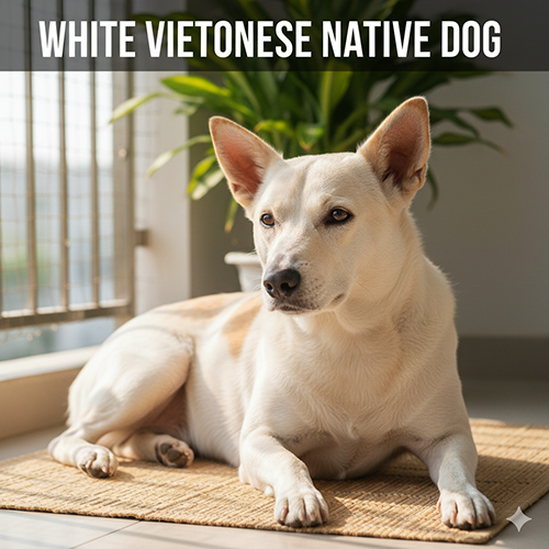 Hình ảnh chó cỏ màu trắng kem nằm thư giãn trên thảm đan trong nhà, bên cạnh cửa sổ sáng và chậu cây xanh, ánh sáng tự nhiên nhẹ.