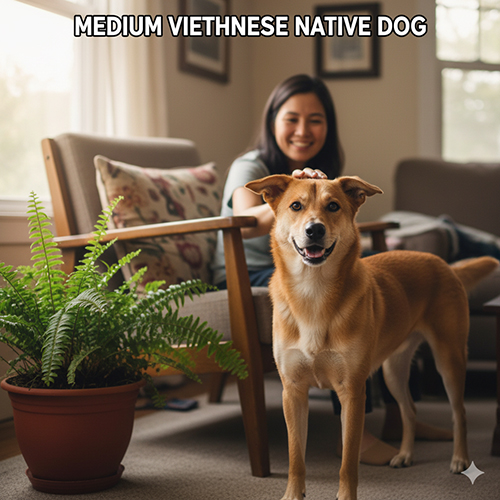 Hình ảnh chó cỏ cỡ trung trong phòng khách, chủ nhân ngồi phía sau vuốt ve, ánh sáng tự nhiên dịu giúp khung hình ấm áp và thân mật.