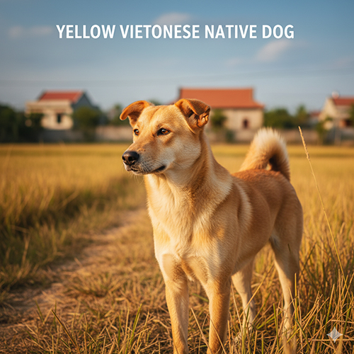 Hình ảnh chó cỏ màu vàng rơm đứng trên cánh đồng khô mùa gặt, hậu cảnh là những ngôi nhà mái ngói đỏ, ánh nắng chiều vàng dịu chiếu xiên.