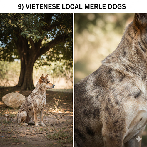 Chó cỏ Việt Nam với hoa văn loang sáng–đậm gần merle, chụp thực địa ngoài trời