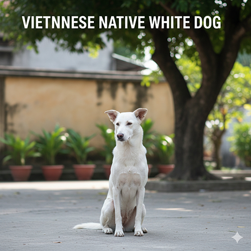 Chó cỏ Việt Nam lông trắng ngồi ngoài trời trong bóng râm, môi trường sinh hoạt quen thuộc