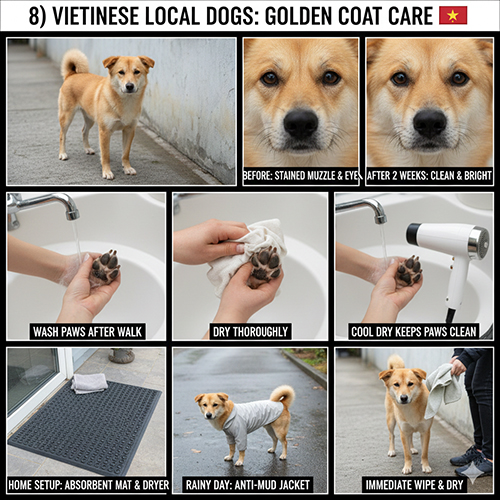 Ví dụ chăm sóc lông vàng trên chó cỏ Việt Nam: lau sấy sau dạo, làm sạch mắt mép và bàn chân để giữ màu sáng
