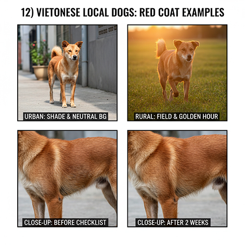 chó cỏ Việt Nam màu đỏ trong môi trường đô thị và nông thôn trước và sau chăm sóc