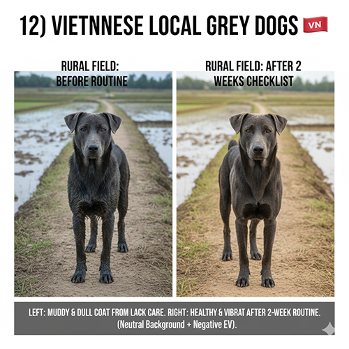 Chó cỏ Việt Nam màu xám so sánh trước và sau khi áp dụng routine chăm sóc