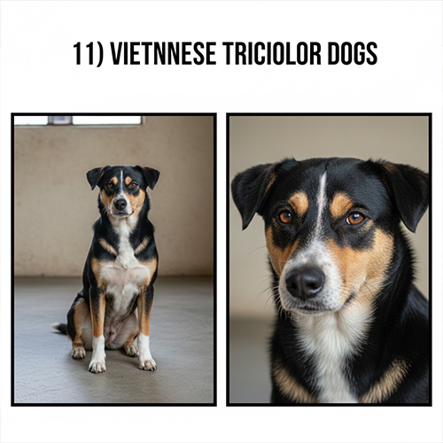 Chó cỏ Việt Nam tricolor với ba màu đen vàng trắng phân bố rõ trên cơ thể