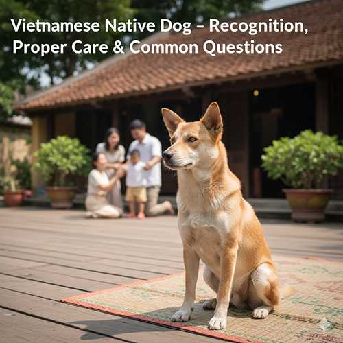 Chó cỏ Việt Nam ngồi trước nhà truyền thống, phía sau là gia đình đang chơi đùa – biểu tượng cho giống chó bản địa trung thành và gần gũi.