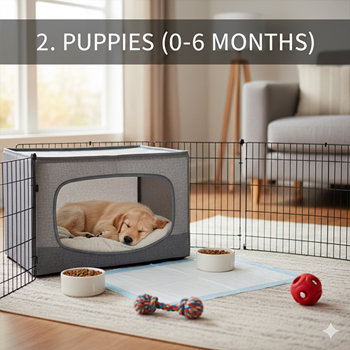 Chó con 0–6 tháng tuổi ngủ trong chuồng, không gian an toàn cho giai đoạn đầu đời